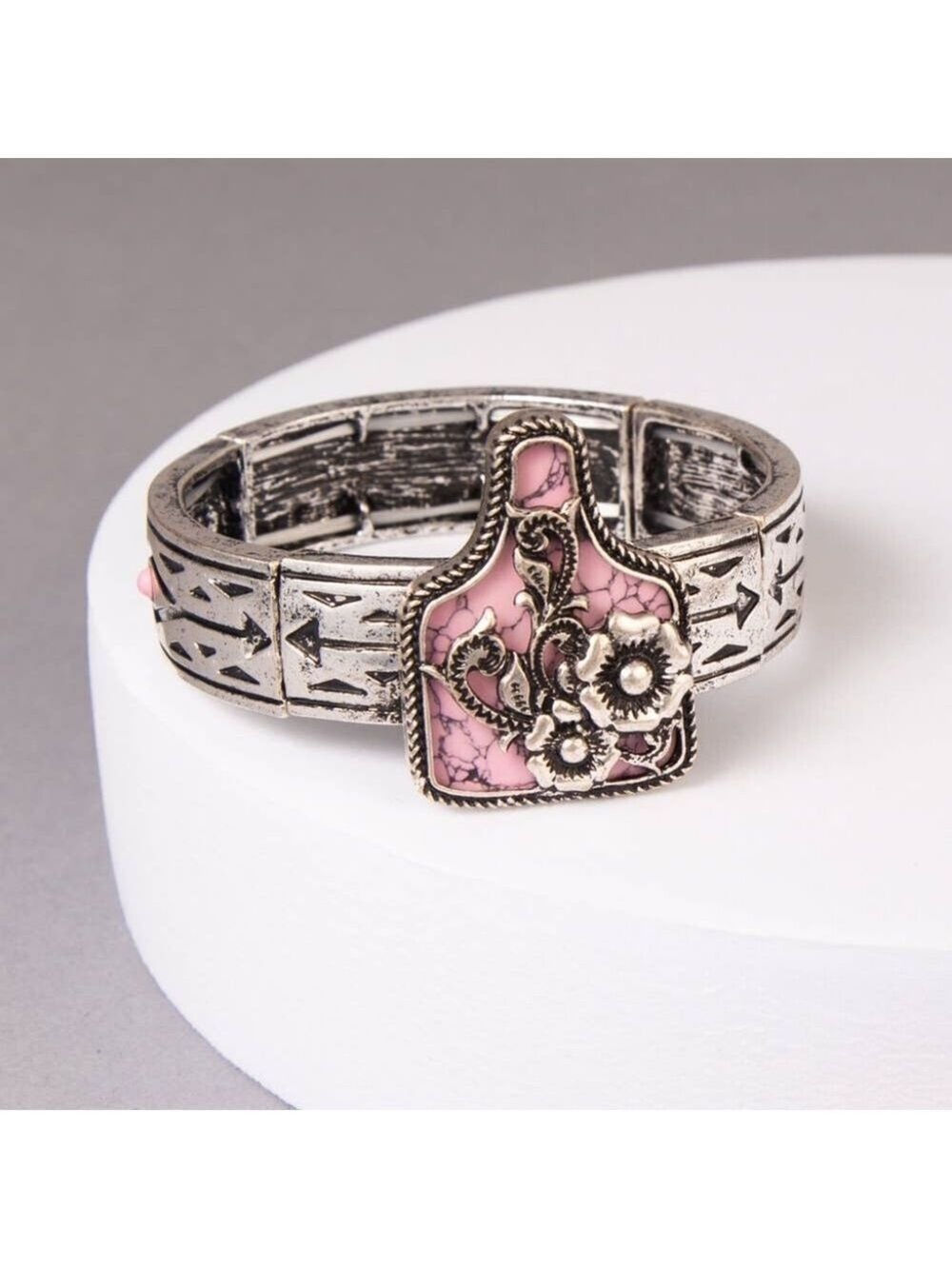Western Pink Turquoise Cattle Tag Stretch Bracelet OS